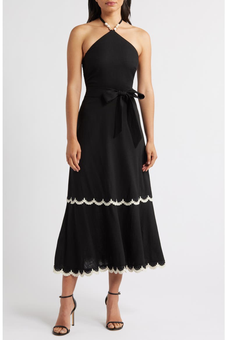 Halter Bead Strap Midi Dress, Main, color, BLACK NATURA
