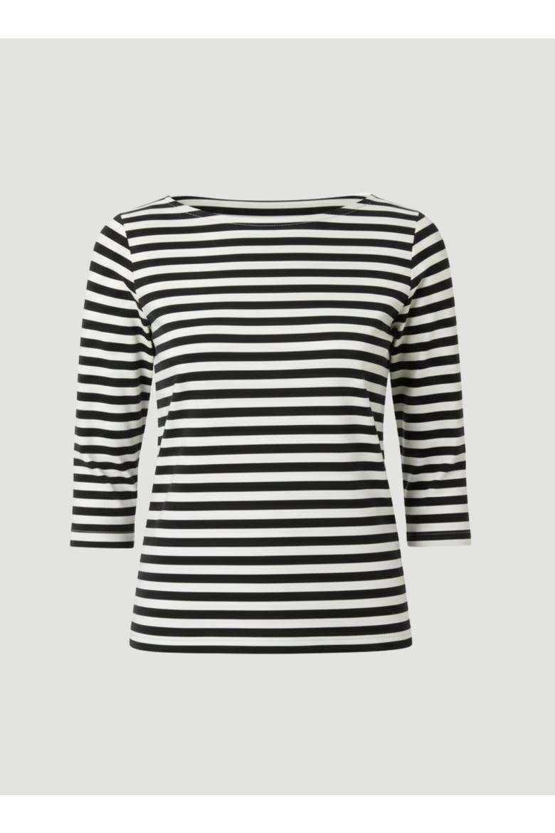 Stretch Linen Stripe Three Quarter Sleeve Boatneck T-Shirt, Main, color, NOIR