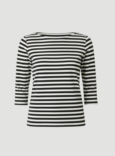 Stretch Linen Stripe Three Quarter Sleeve Boatneck T-Shirt