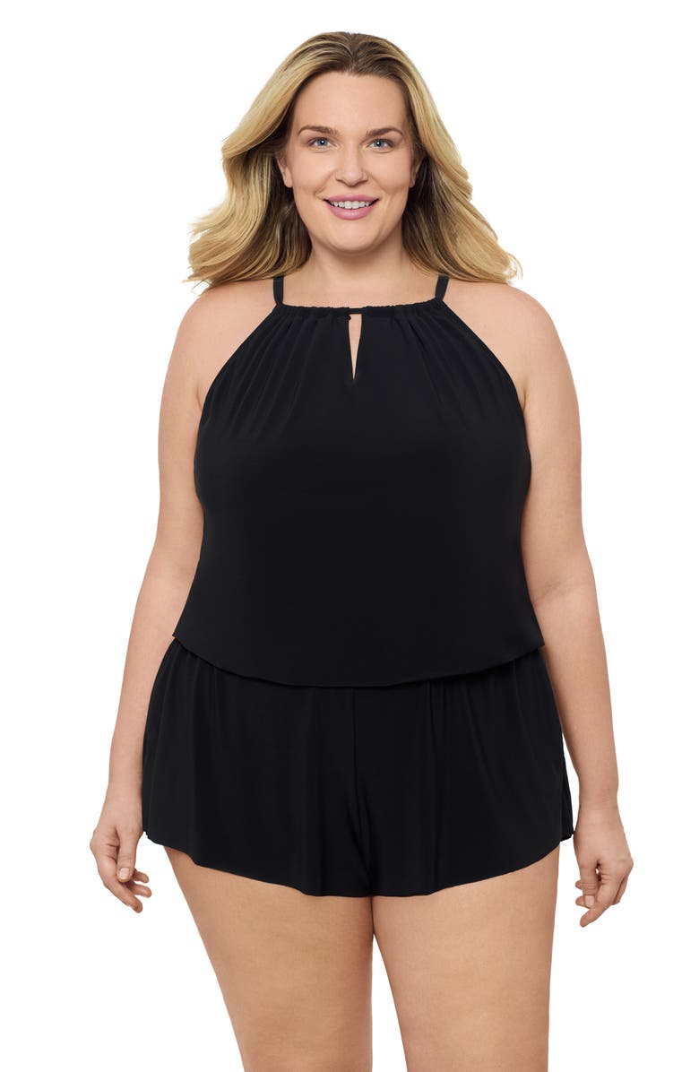 Aqua Green Plus Size Keyhole Blouson Slimming Swimsuit Romper with Pockets, Main, color, Black