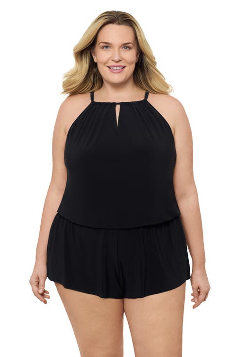 Plus Size Keyhole Blouson Slimming Swimsuit Romper with Pockets