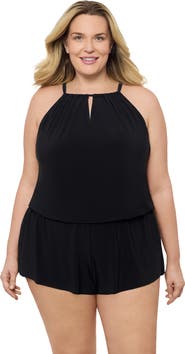 Aqua Green Plus Size Keyhole Blouson Slimming Swimsuit Romper with Pockets