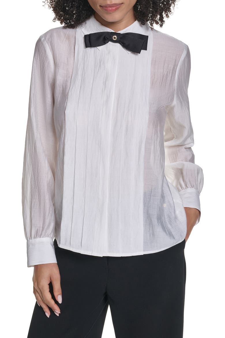 Pleated Bow Organza Shirt, Main, color, SOFT WHITE
