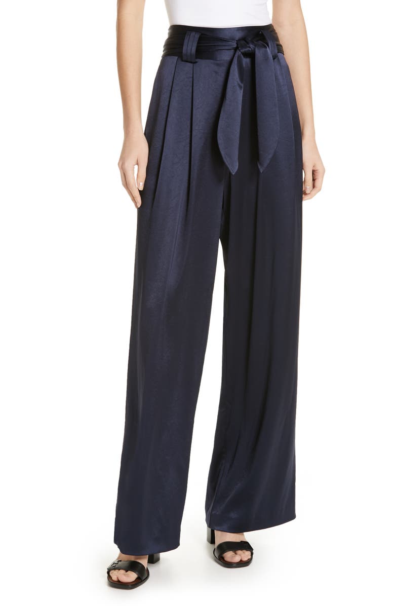 Tory Burch Tie Waist Satin Pants, Main, color, Tory Navy
