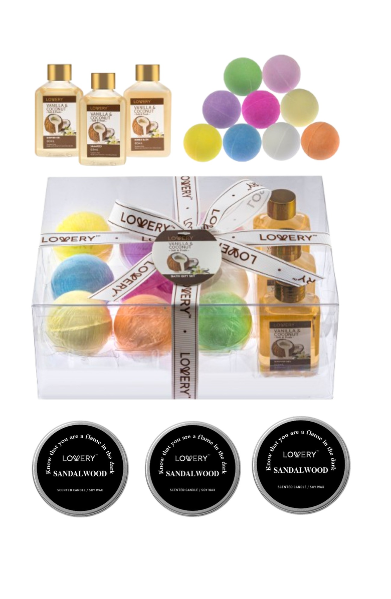 Lovery 15-Piece Relaxation Gift Set with Bath Bombs, Shower Gel, Bubble Bath, Shampoo and Soy Scented Candles, Main, color, NO COLOR