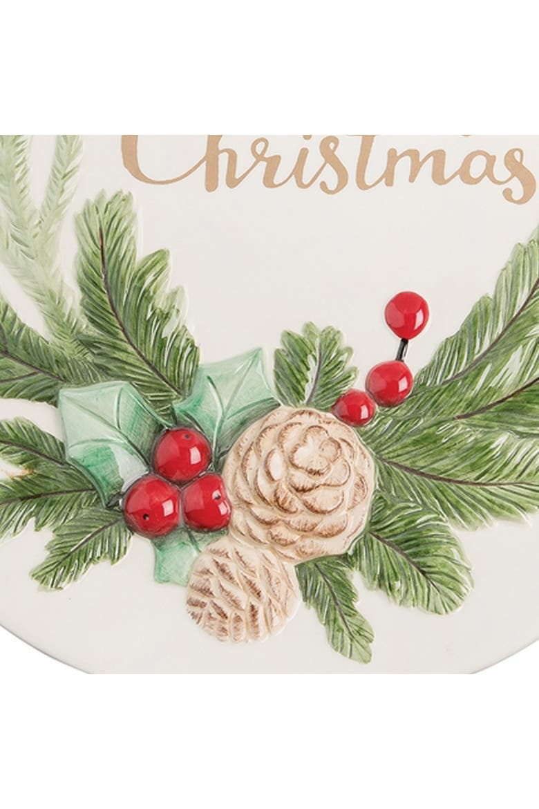 "Merry Christmas" Holly Branch & Pinecones Round Dolomite Decorative Platter 13", Alternate, color, White