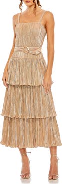 Ieena for Mac Duggal Square Neck Metallic Plissé Dress with Buckle Detail
