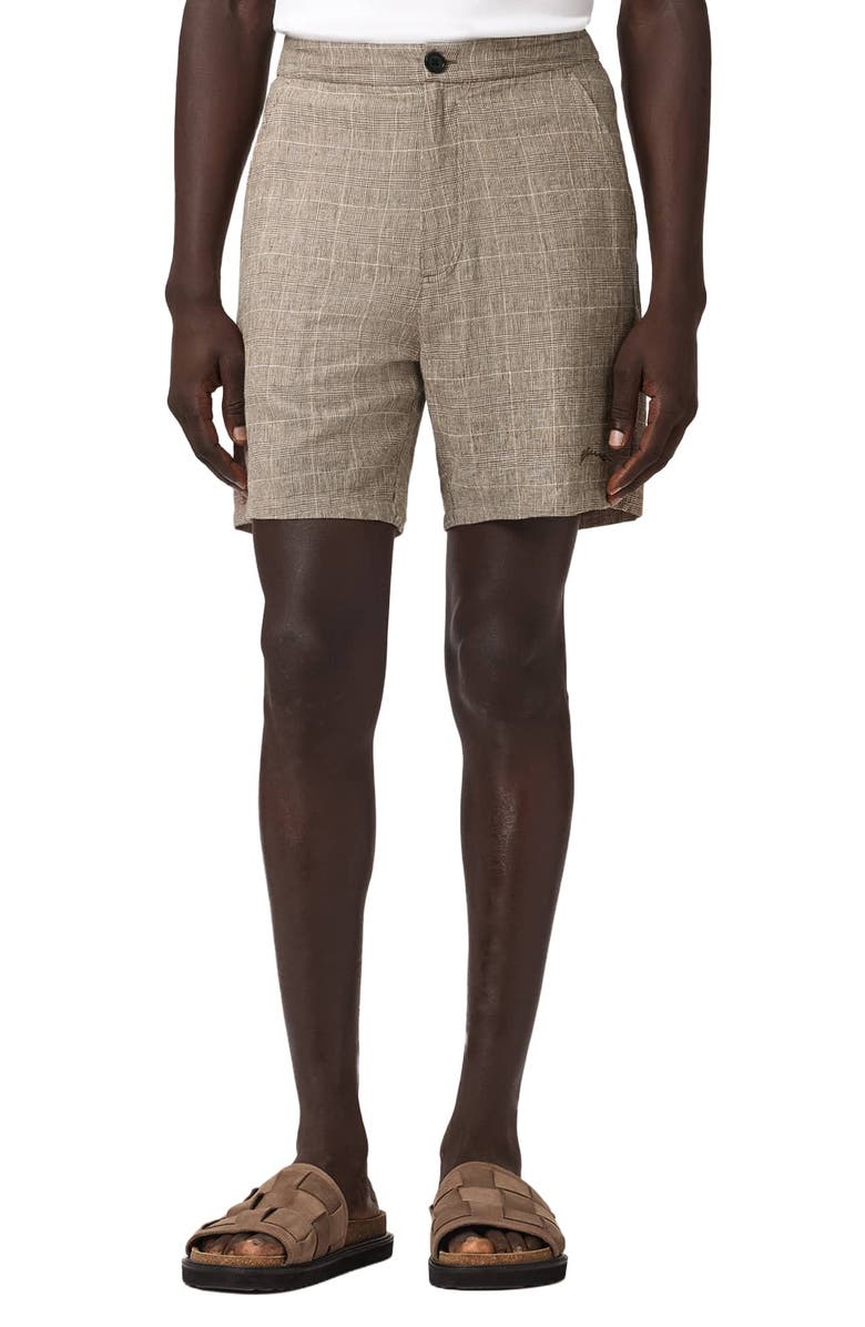 AllSaints Keal Glen Plaid Linen Blend Shorts, Main, color, Sediment Brown