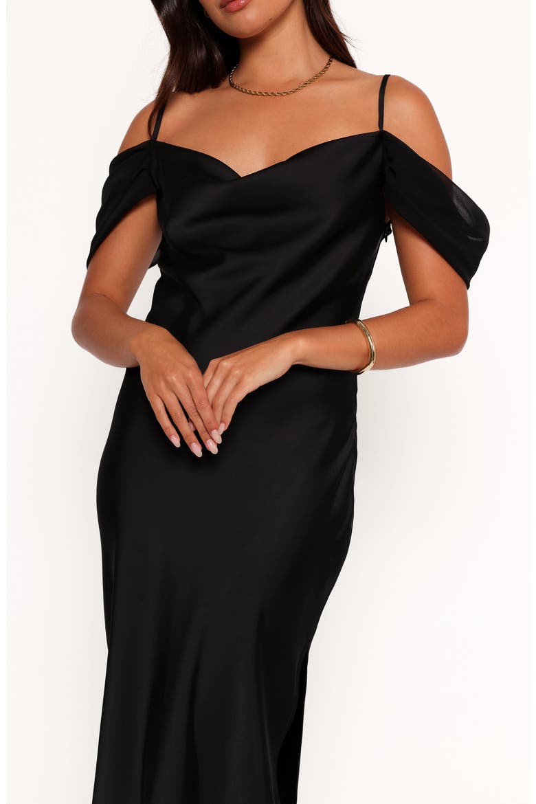 Reyna Off the Shoulder Satin Maxi Dress, Alternate, color, BLACK
