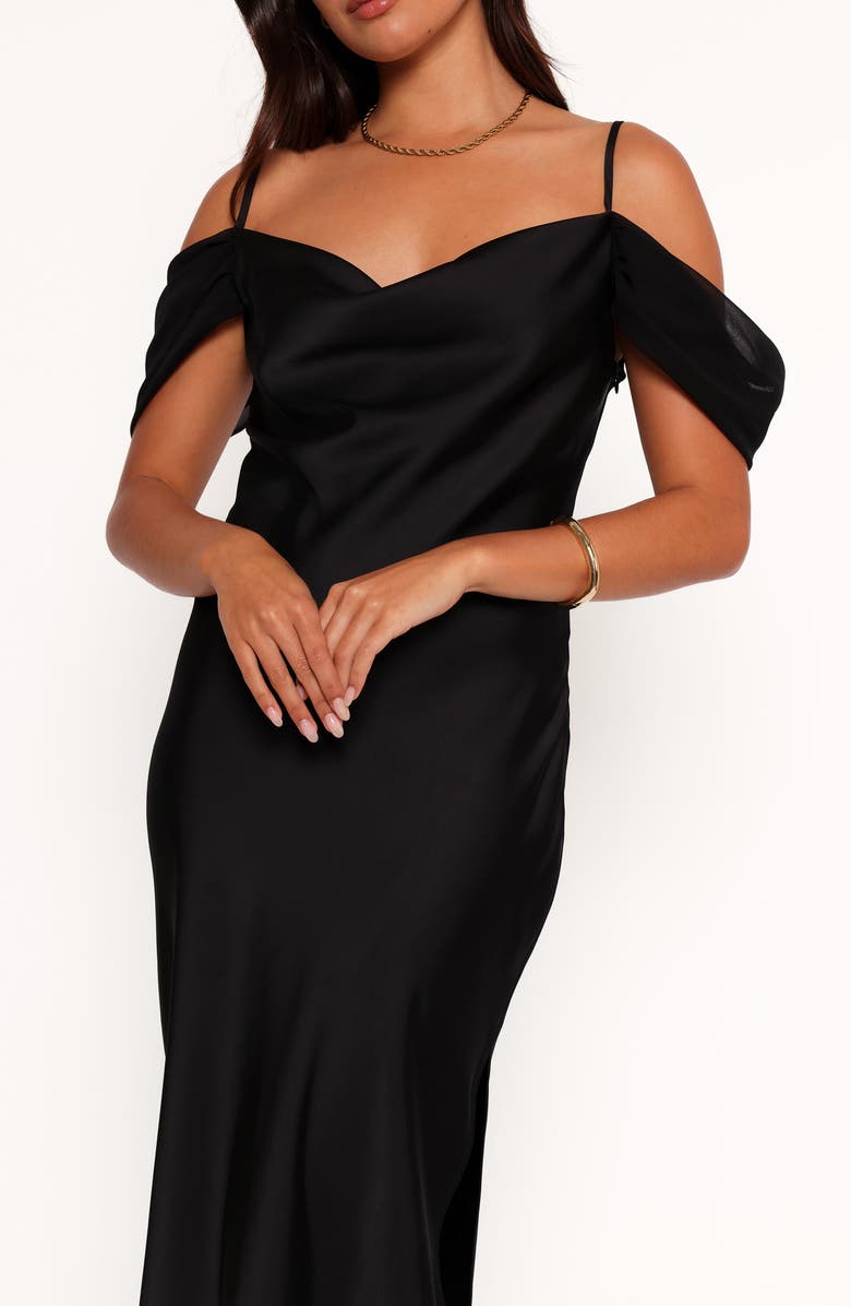 Petal & Pup Reyna Off the Shoulder Satin Maxi Dress, Alternate, color, Black
