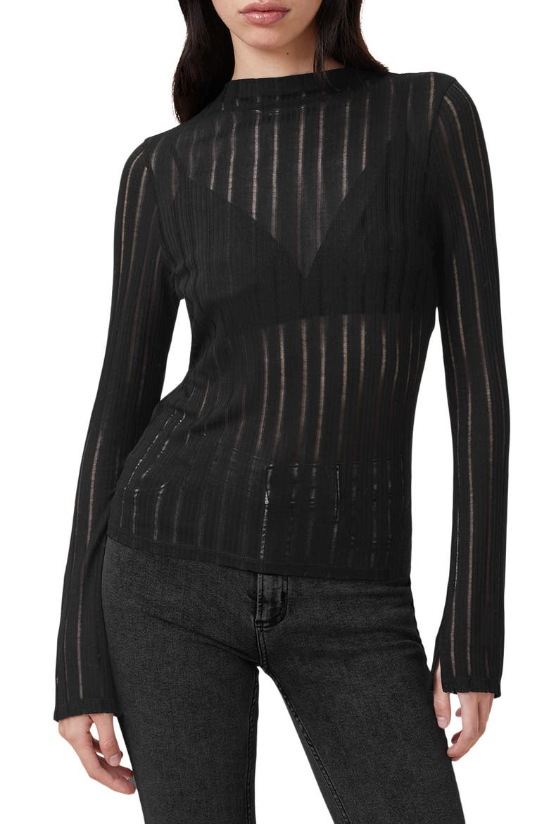 Aki Sheer Stripe Long Sleeve T-Shirt, Main, color, BLACK