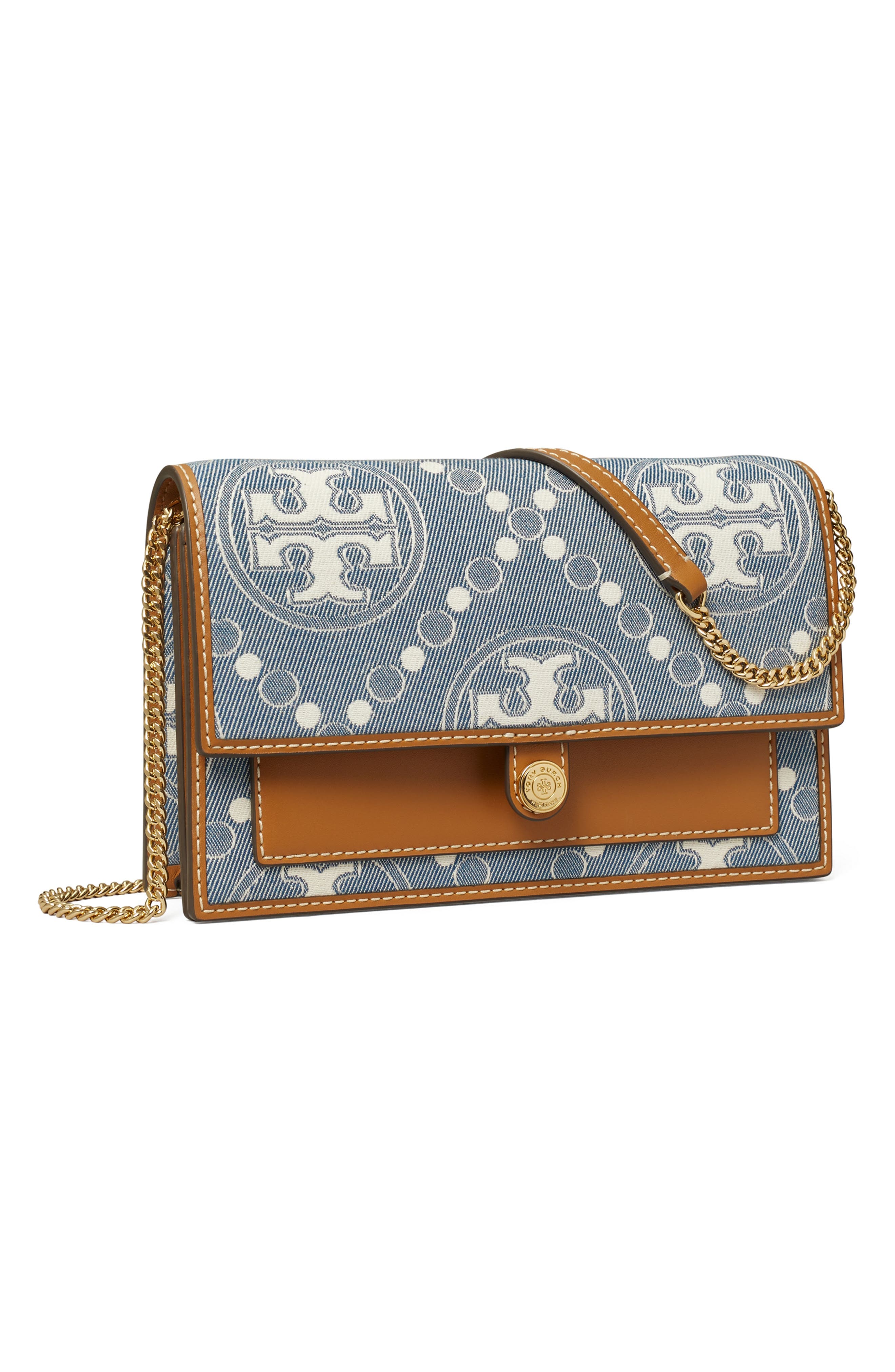Tory Burch T Monogram Denim Wallet on a Chain, Alternate, color, 