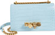 McQueen Alexander McQueen Jewelled Knuckle Croc Embossed Leather Crossbody Bag