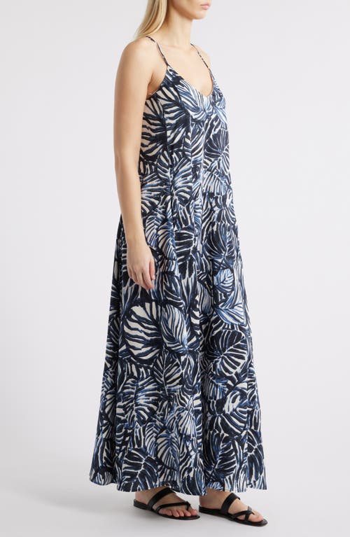 Tahari Asl Palm Print Charmeuse Maxi Slipdress In Sand Navy Palm