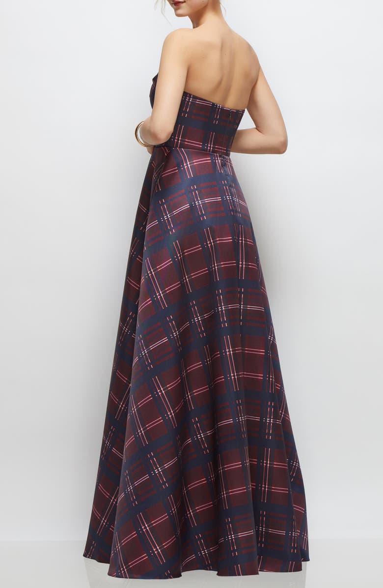 Dessy Collection Tartan Strapless Gown, Alternate, color, Cabernet Midnight
