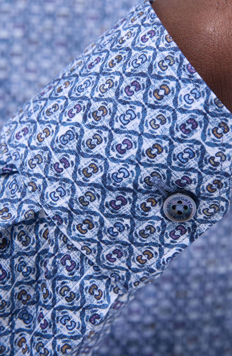 Bugatchi Axel Ogee Print Shaped Fit Stretch Cotton Button-Up Shirt, Alternate, color, Steel