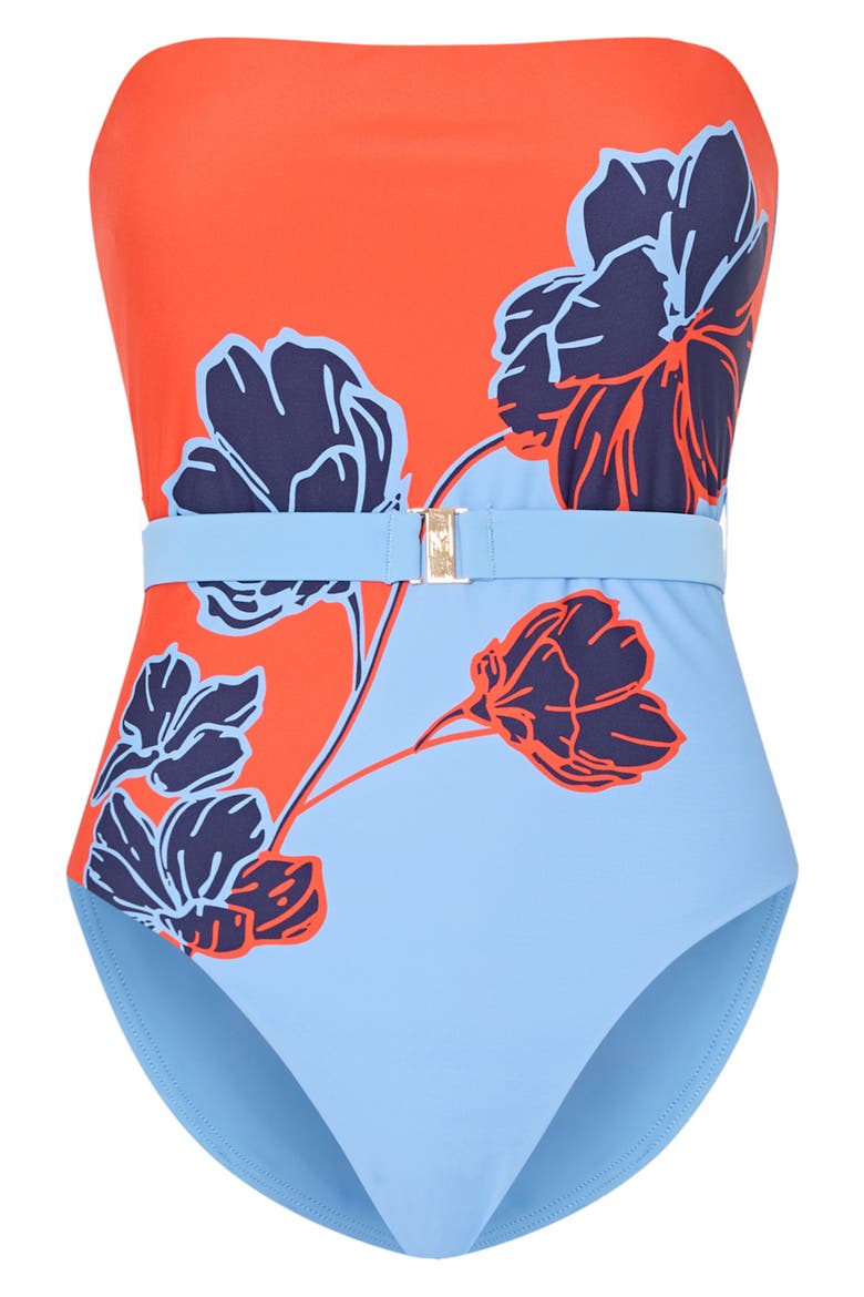 Skewed Petal Strapless One-Piece Swimsuit, Alternate, color, ORANGE/ BLUE