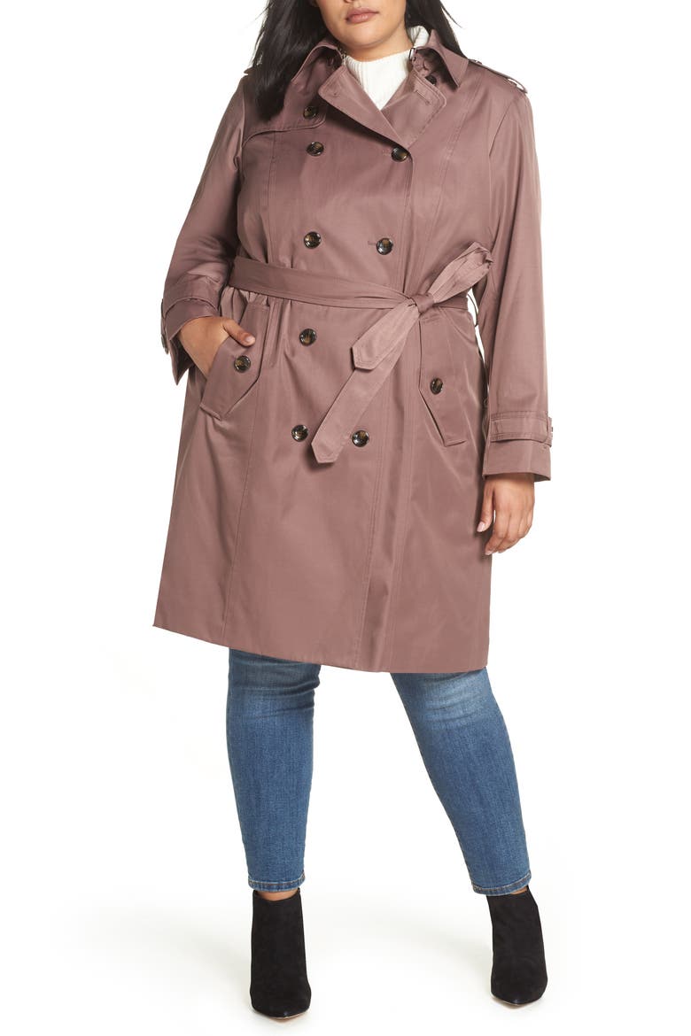 Knee Length Water Repellent Hooded Trench Coat, Alternate, color, ADOBE