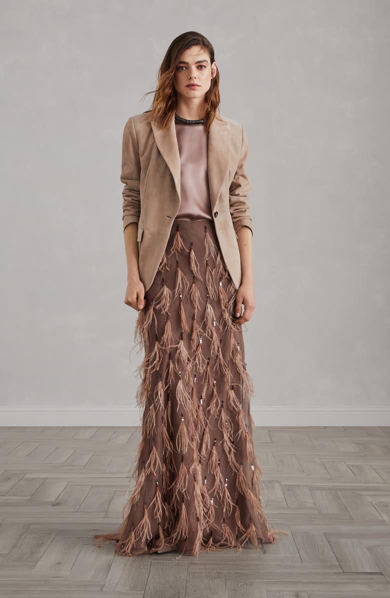 Brunello Cucinelli Crispy silk mermaid skirt with dazzling feather embroidery, Alternate, color, 