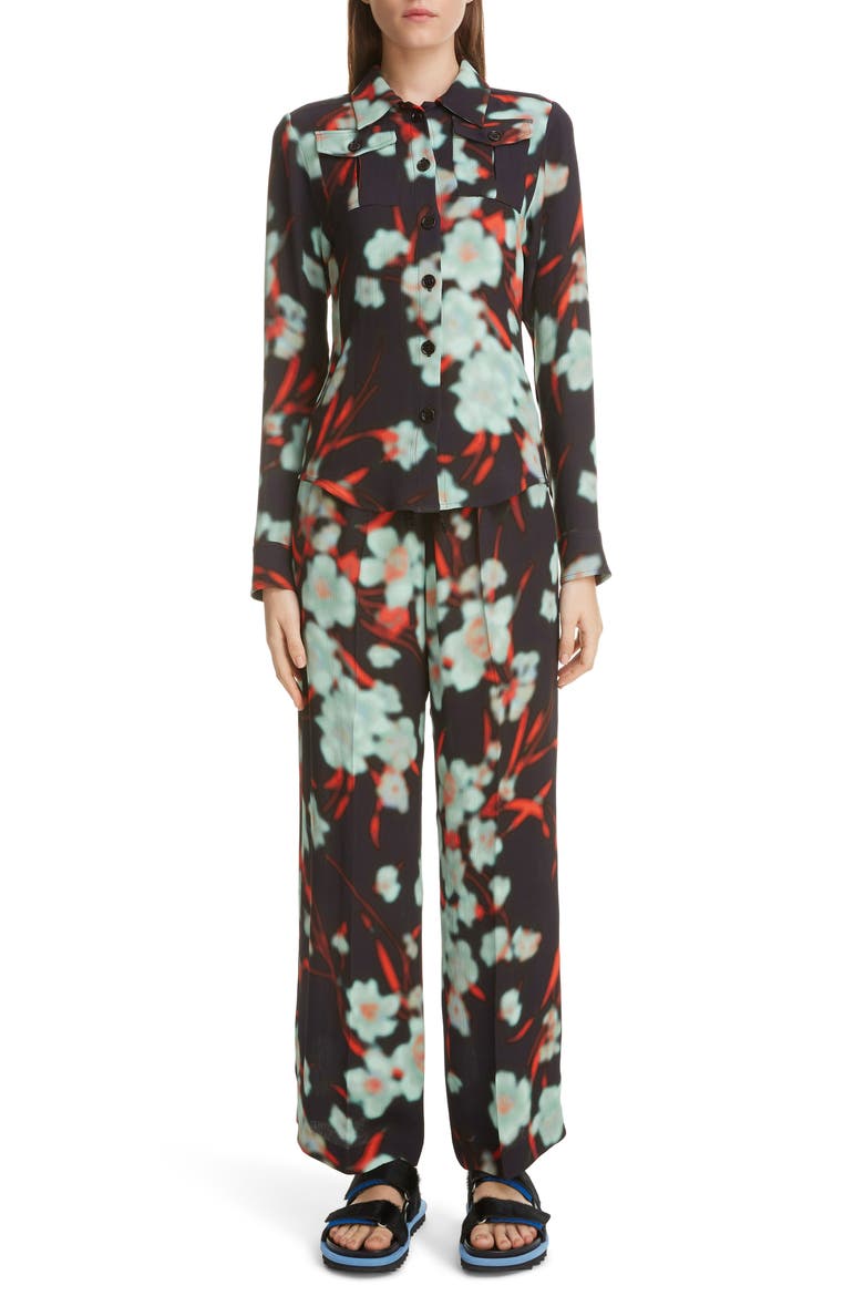 Dires Van Noten Crinkled Floral Print Shirt, Alternate, color, 900-BLACK