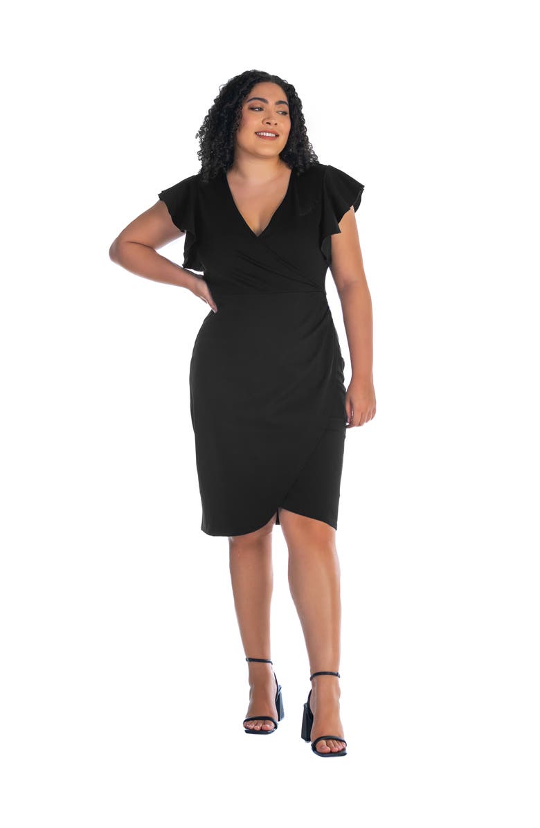 24seven Comfort Apparel V-Neck Ruffle Sleeve Knee Length Dress, Main, color, Black