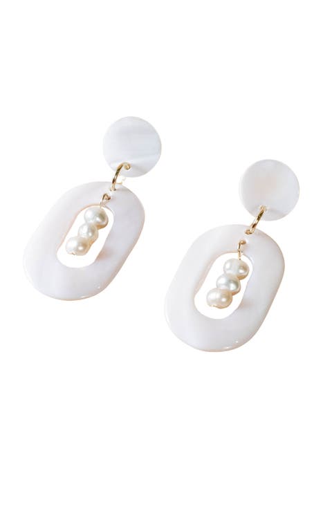 Mother-of-Pearl Oval Dangle Earrings with Inner Pearls