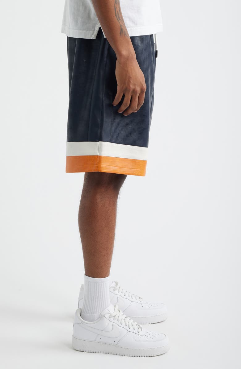 CRIMINAL DAMAGE Stadium Perforated Faux Leather Shorts, Alternate, color, Navy/ Orange/ Ecru