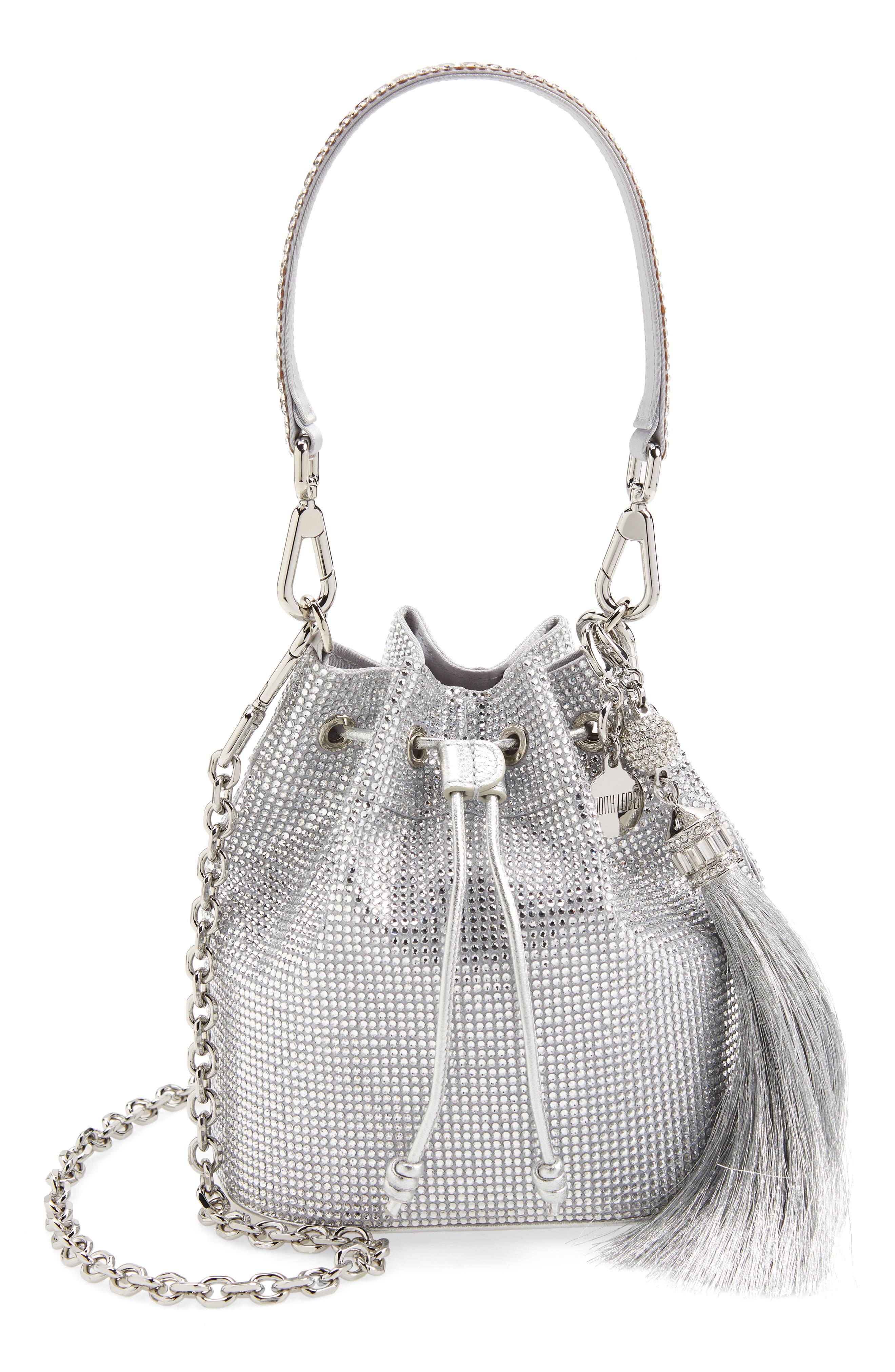 Piper Crystal Embellished Bucket Bag, Main, color, SILVER RHINE