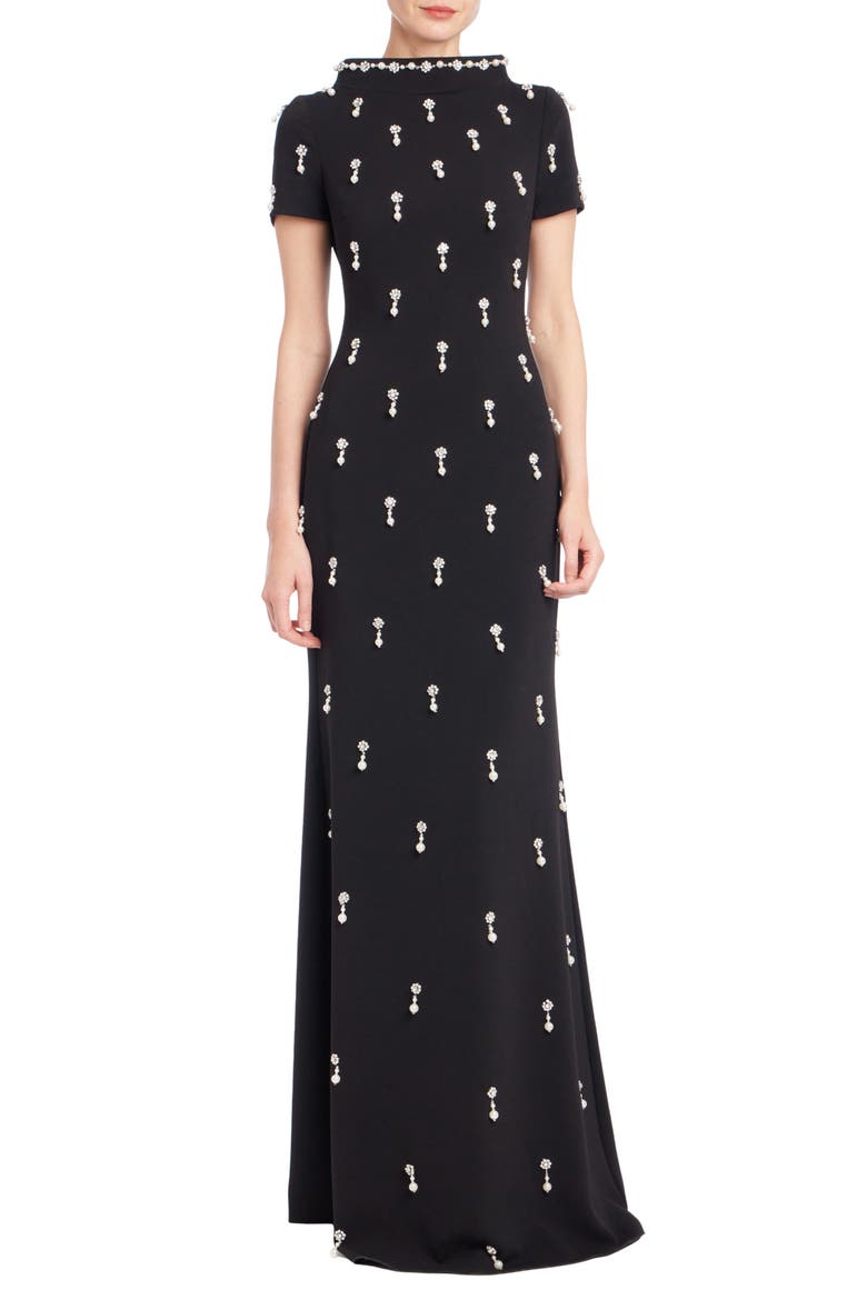 Embellished Mock Neck Stretch Crepe Gown, Main, color, BLACK