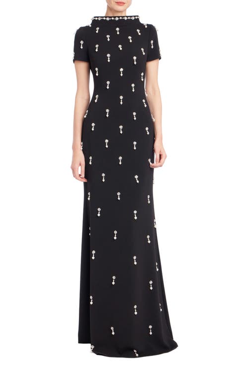 Embellished Mock Neck Stretch Crepe Gown
