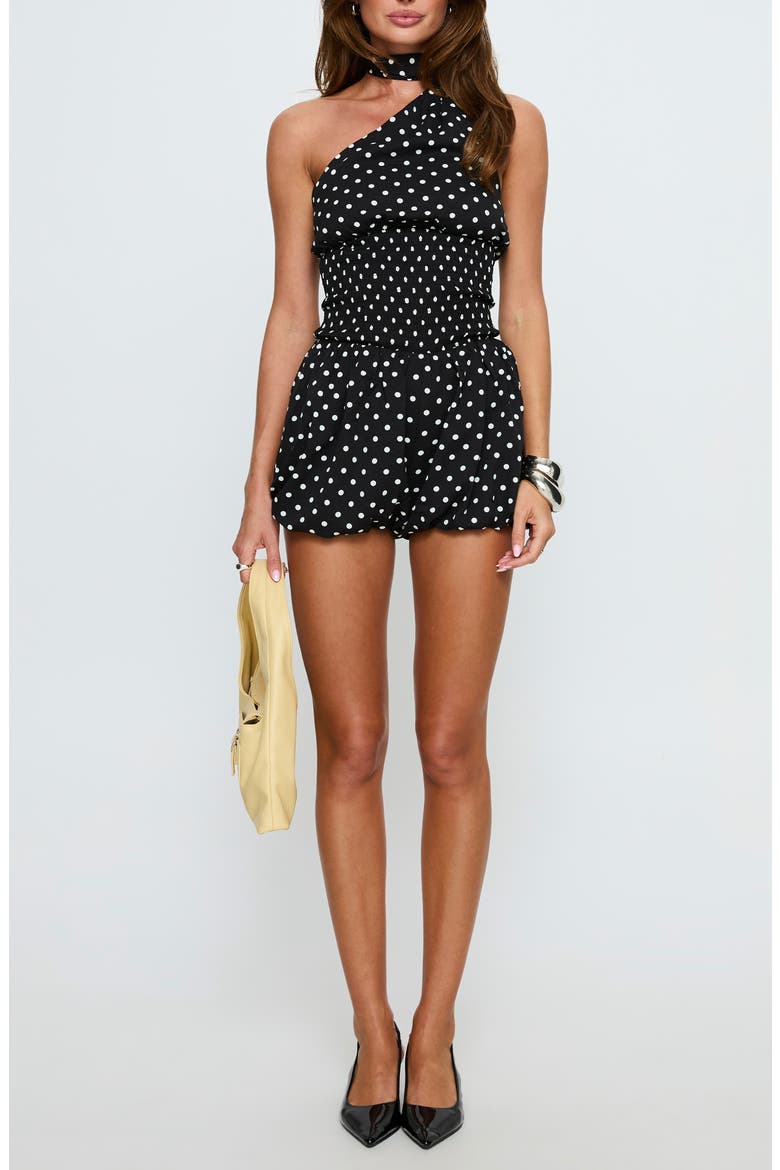 Saloma One-Shoulder Polka Dot Scarf Romper, Main, color, BLACK POLKA