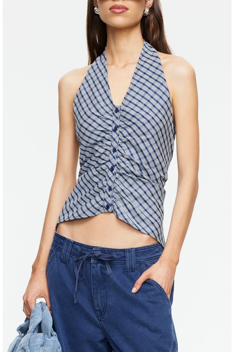 Power Hour Rhinestone Detail Plaid Halter Top, Main, color, NAVY PLAID