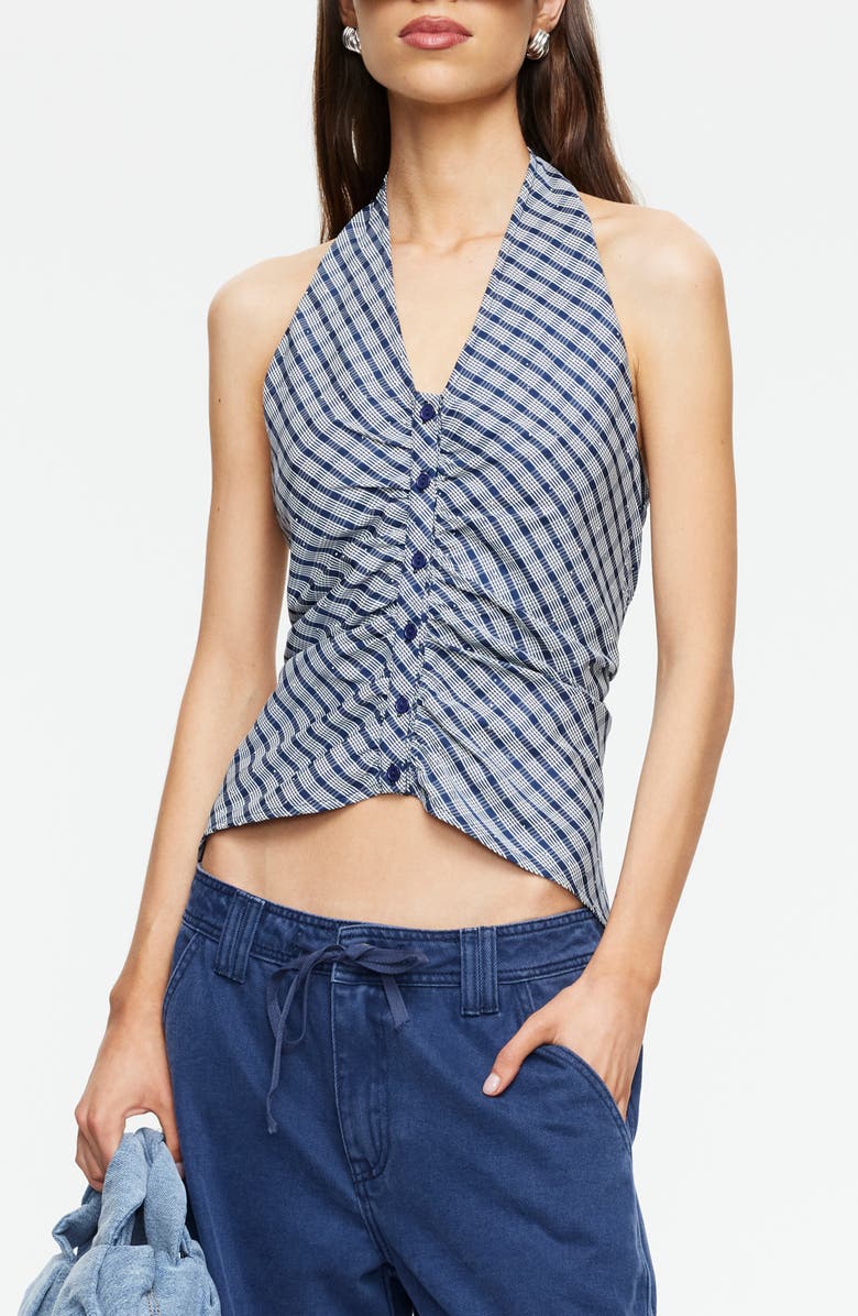 LIONESS Power Hour Rhinestone Detail Plaid Halter Top, Main, color, Navy Plaid