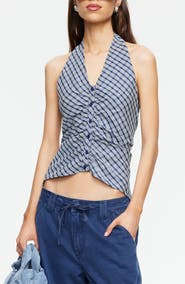 LIONESS Power Hour Rhinestone Detail Plaid Halter Top