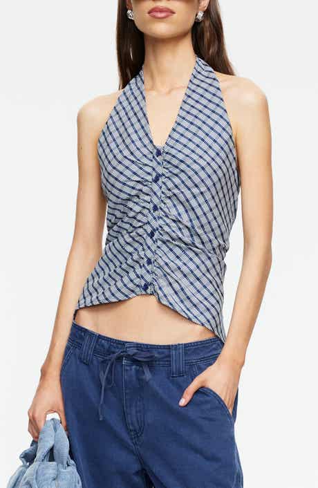 Power Hour Rhinestone Detail Plaid Halter Top