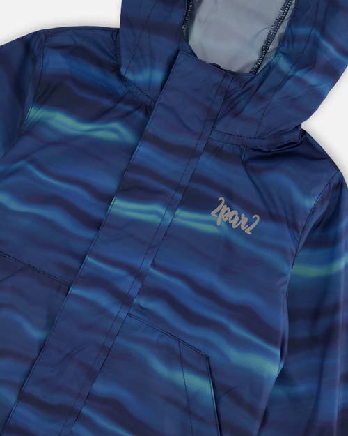 Deux Par Deux Little Boy's Printed Packable Windbreaker Blue Wave And Black In Blue Wave And Black