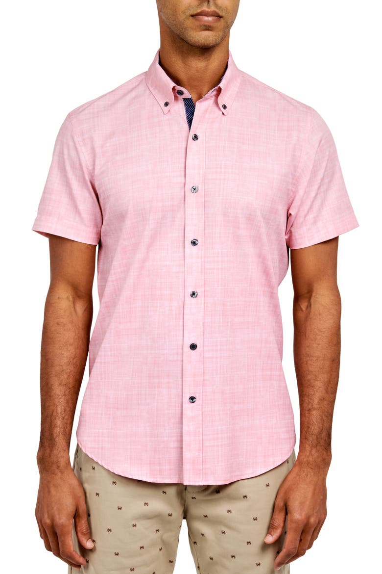 Slim Fit Four-Way Stretch Performance Chambray Short Sleeve Button-Down Shirt, Main, color, CORAL CHAMBRAY