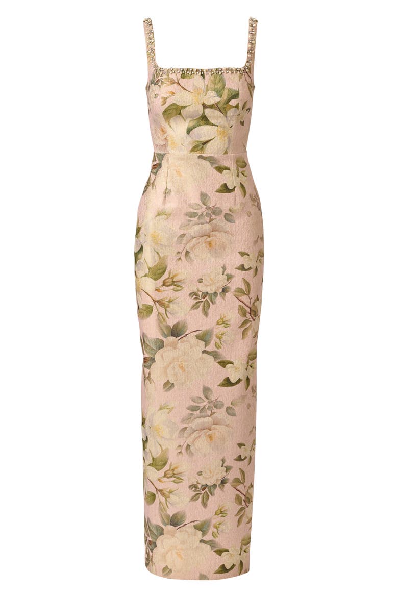 Beaded Jacquard Column Gown, Alternate, color, BLUSH MULTI
