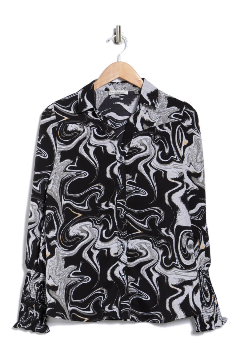 Smocked Cuff Button-Up Top, Alternate, color, BLACK