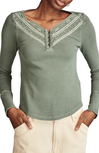 Shop Lucky Brand Embroidered Mesh Henley In Balsam Green