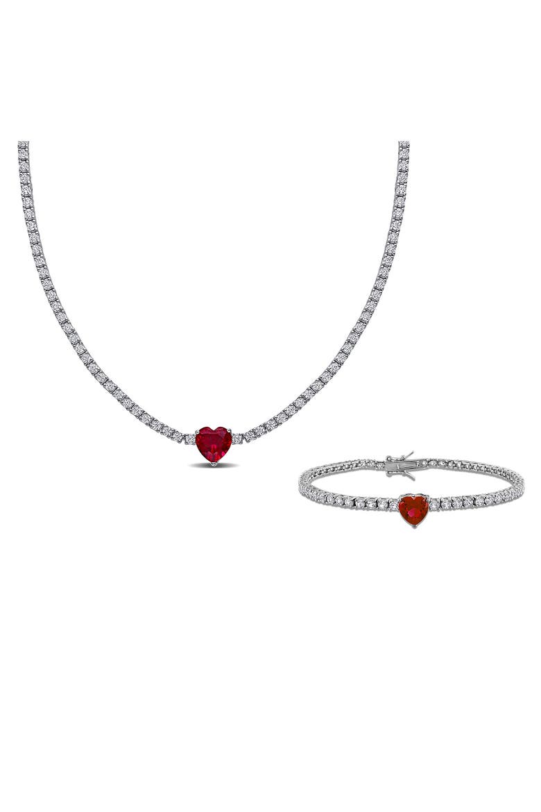 Lab Grown Ruby Heart & Lab Grown White Sapphire Tennis Necklace & Bracelet Set, Main, color, RED