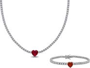 DELMAR Lab Grown Ruby Heart & Lab Grown White Sapphire Tennis Necklace & Bracelet Set