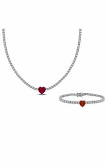 DELMAR Lab Grown Ruby Heart & Lab Grown White Sapphire Tennis Necklace & Bracelet Set