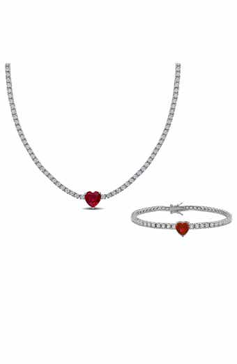 DELMAR Lab Grown Ruby Heart & Lab Grown White Sapphire Tennis Necklace & Bracelet Set