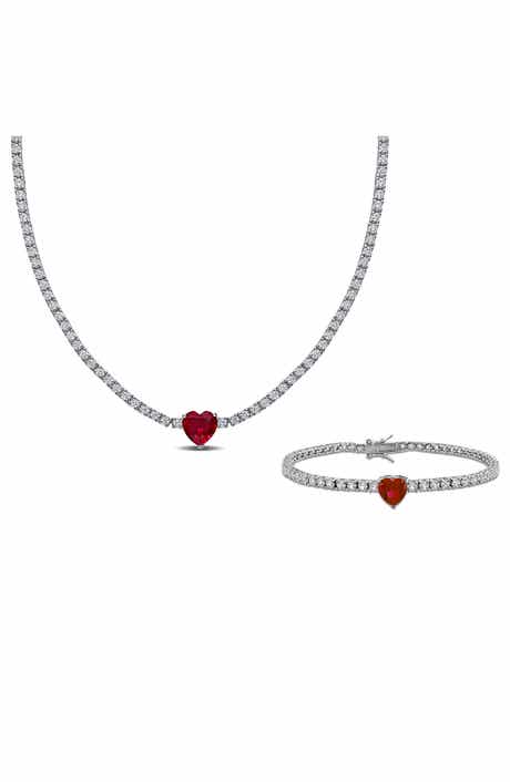 DELMAR Lab Grown Ruby Heart & Lab Grown White Sapphire Tennis Necklace & Bracelet Set