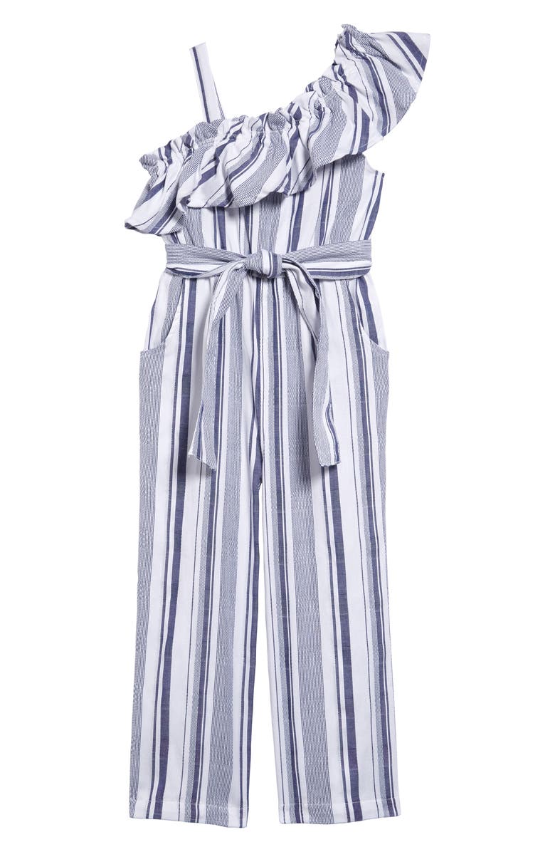 Habitual Girl Habitual Kai Ruffle Stripe Jumpsuit, Main, color, 