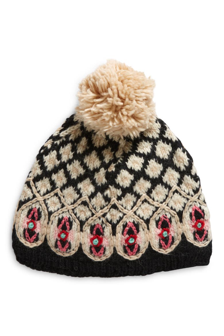Wool Pompom Beanie, Main, color, BLACK