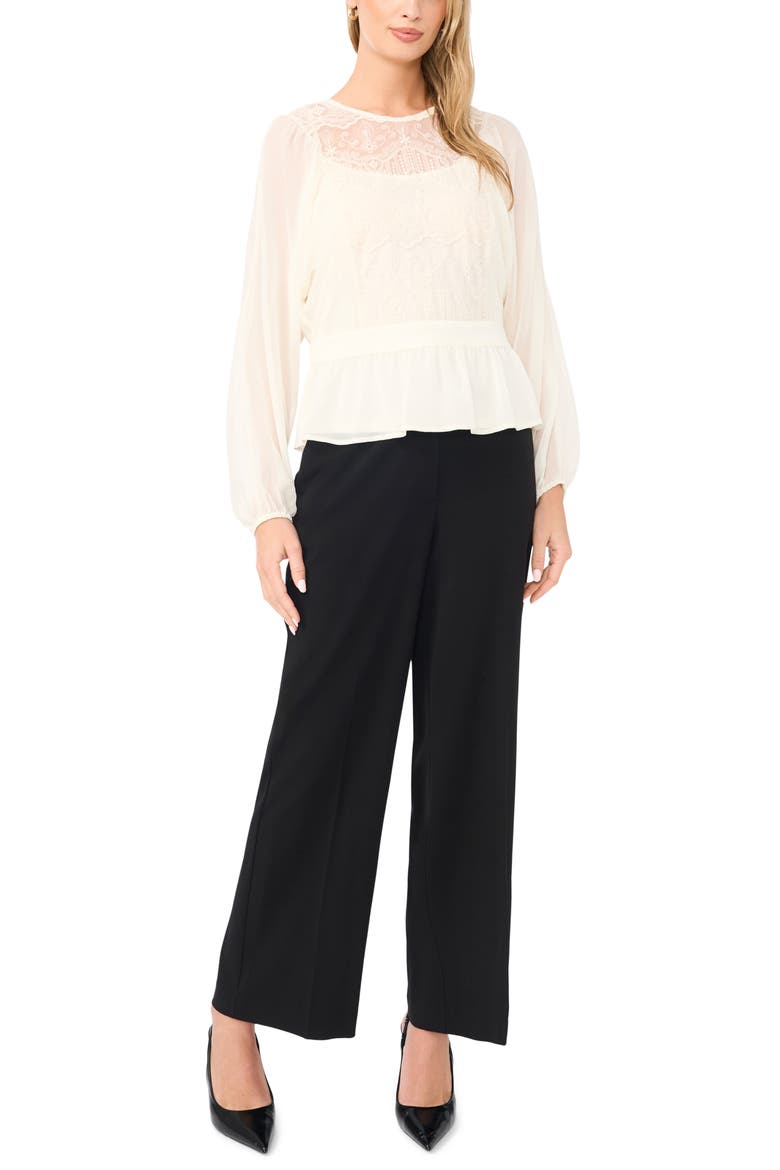 Embroidered Mesh Yoke Peplum Top, Alternate, color, TOASTED IVORY