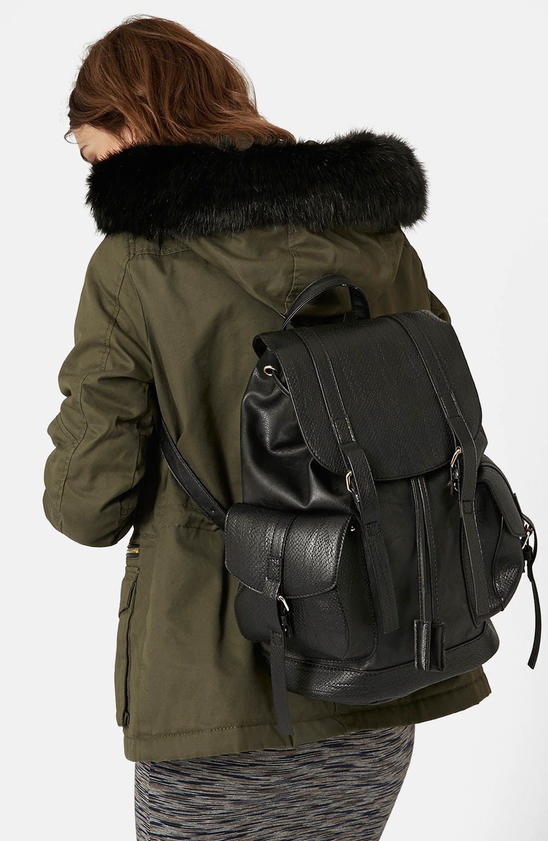 Snakeskin Pocket Faux Leather Backpack, Alternate, color, BLACK