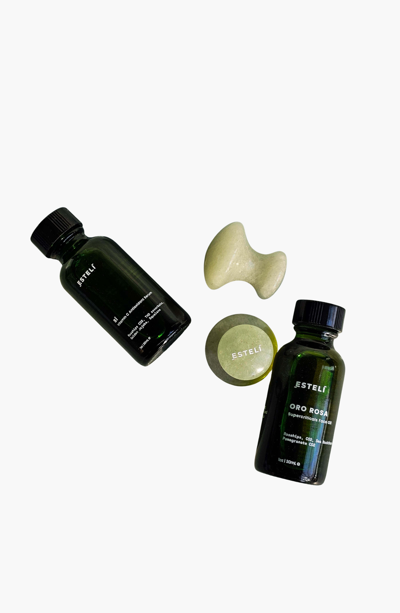 Esteli Serums and Gua Sha Mushrooms Skincare Set, Main, color, Dark Green And Beige